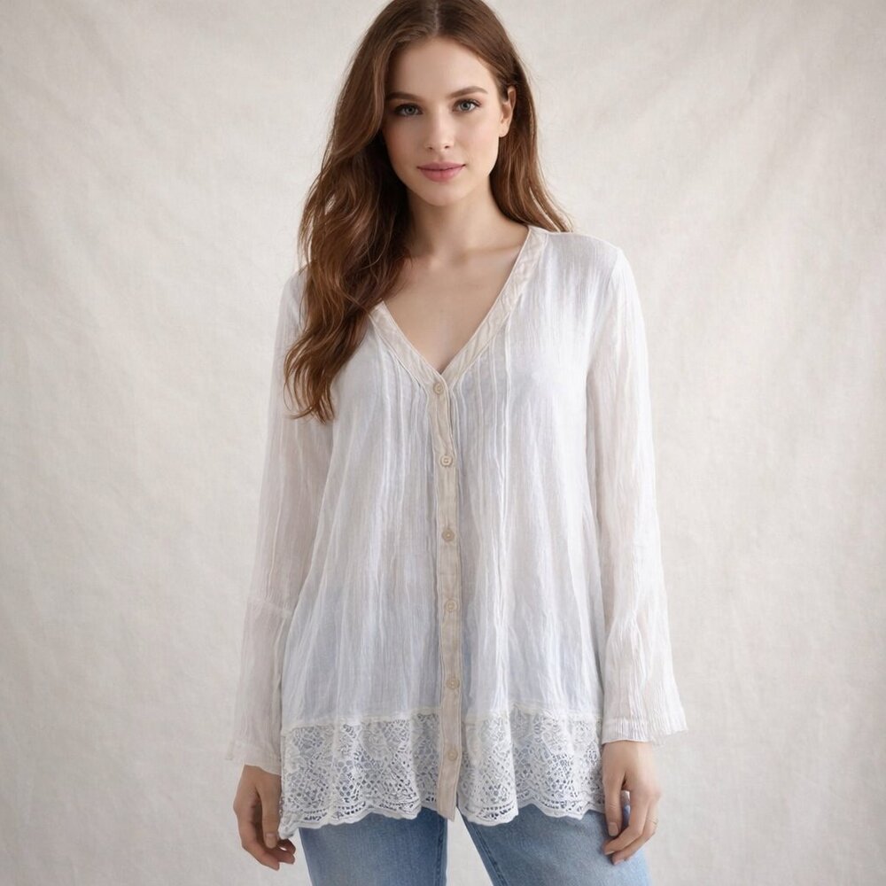 Vintage-Inspired White Long-Sleeve Button-Up Blouse With Crochet Lace Hem & Roll